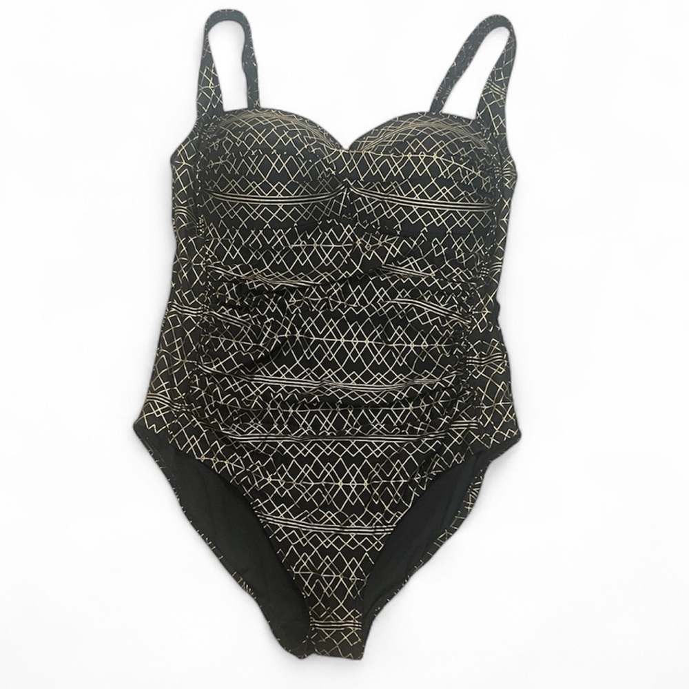 Nip Tuck Black and Gold Patterned Swimsuit Multi size cup with ruching sz 12